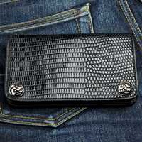 Dompet Kulit Motif Kadal Hitam Rantai Panjang Buatan Tangan Dompet Pengemudi Motor Pemasok OEM Dompet Kulit Rantai Panjang Tipis