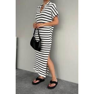 Abito a maglia con spacco a righe Ecru da donna