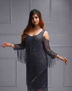 ชุดเดรสแต่งงานประดับด้วยลูกปัด Gatsby สีน้ำเงินแพลตตินัม1920S กระโปรงยาวสง่างามประดับด้วยการปักขนาดพลัสไซส์ที่ได้รับแรงบันดาลใจจากมิสฟิชเชอร์ - Product Image 3