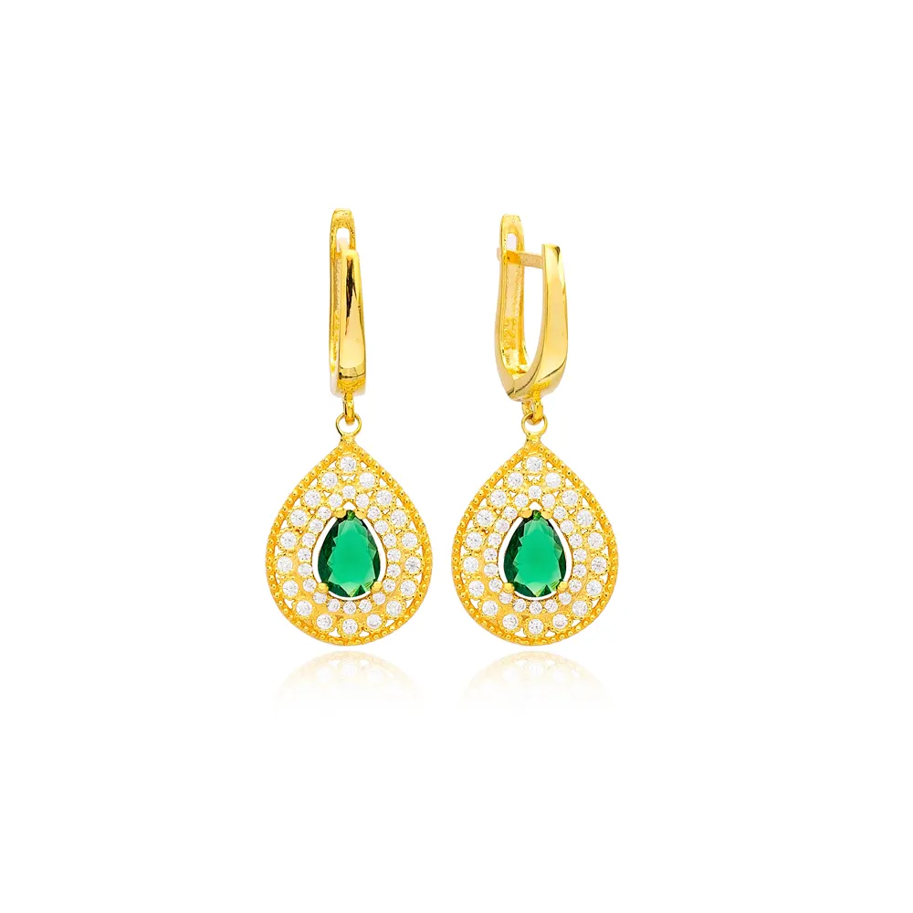 Lê hình dạng dangle Bông tai Emerald CZ đá thủ công bán buôn Thổ Nhĩ Kỳ 925 Sterling Bạc đồ trang sức