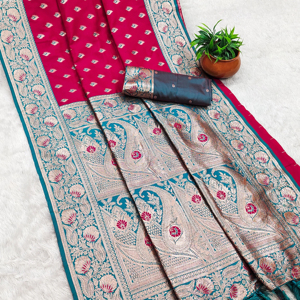 Saree en soie Banarasi souple avec touche-à-tout Meenakari Design Tissage Zari pour fêtes et mariages Style formel - Product Image 1