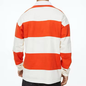 Custom Embroidered Logo Knitted Rugby <b>Shirt</b> Green <b>Long</b> <b>Sleeve</b> Rugby Polo Streetwear Cotton <b>White</b> and Orange Stripes Rugby Polos - Product Image 2