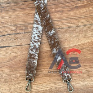 Hot Selling Handmade Hair on Cowhide 1.5" Shoulder <b>Strap</b> Western Genuine <b>Leather</b> Replacement Bag <b>Straps</b> with Antique Brass Snap - Product Image 1