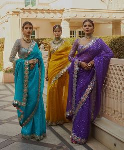 Sari en Georgette avec travail de miroir original pour femmes de style indien, chemisier fantaisie exclusif, best-seller, tenue de fête et de mariage - Product Image 1