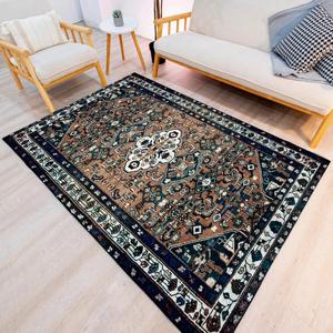 Tapis imprimé marron et bleu marine, tapis à motifs classiques, tapis traditionnel, tapis doux non tissé - Product Image 1