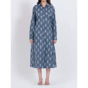 Vestido Midi de Algodón Azul con Estampado Floral, Cuello Cuadrado y Mangas Largas para Mujer, Diseño Elegante ODM, Transpirable, Talla XS, para el Día de San Valentín o para el Club - Product Image 1