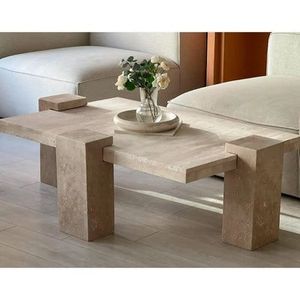 Mesa de Centro de Mármol Travertino Premium, Hecha a Mano con Piedra Natural, Diseño Minimalista para Interiores de Hogar Contemporáneo - Product Image 5