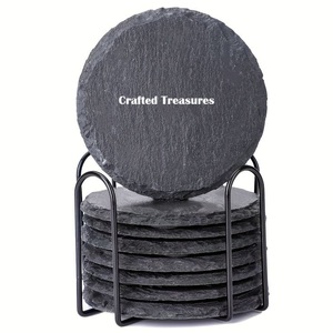 Nouveau caboteur rond en ardoise naturelle café bière boisson thé carré sous-verres ensembles de support sous-verres en ardoise logo personnalisé - Product Image 3