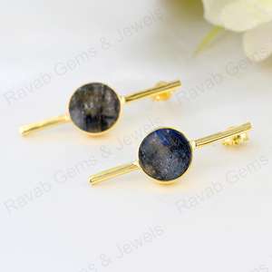 Pendientes hechos a mano de Plata de Ley 925, oro de 18 quilates, rodio, labradorita Natural, 10mm, Diseño de barra suave, ajuste de bisel, alta calidad - Product Image 5