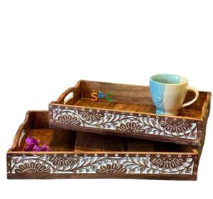 Plateau de service sculpté à la main en bois de manguier massif noyer cadeau idéal cadeau de pendaison de crémaillère de Noël - Product Image 1