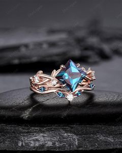 Plata de Ley 925 corte princesa alejandrita compromiso junio piedra natal hoja promesa anillo ramita rama vid anillo de bodas - Product Image 3