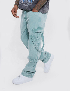 ใหม่ล่าสุดกางเกงยีนส์ผ้าลูกฟูกสำหรับผู้ชายสีซักแบบกรดตัดเย็บแบบตรงแนวสตรีทกระเป๋าทรงหลวมมีสายรัดให้บริการ - Product Image 1