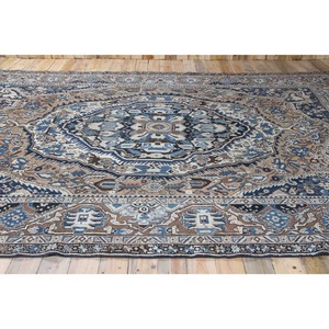 Tapis vintage 10x13,3 pieds, tapis turc surdimensionné, tapis géométrique marron bleu - Product Image 3