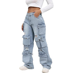 Pantalones vaqueros rasgados elásticos de cintura media de Color sólido a la moda para mujer de talla grande, Vaqueros ajustados informales de verano con decoración de botones - Product Image 1