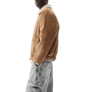 Vestes d'hiver de qualité de luxe pour hommes en cuir PU chaud avec fermeture éclair polaire col rabattu manteaux toile tissu kaki col montant - Product Image 3