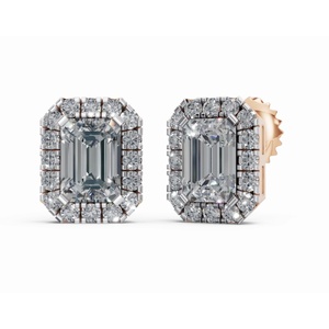 Essence Of <b>Emerald</b> And Halo Diamond <b>Studs</b> <b>Earrings</b> 9 KT 14 KT 18 KT Gold Lab Grown Jewelry Wholesale OEM B2B Export Supplier - Product Image 1