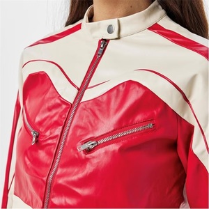 Vintage Women's Zip-Up Cropped Moto PU Faux Leather Jacket with Red Racing Badge <b>Block</b> Solid Style Motorbike Leather Moto Jacket - Product Image 4