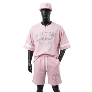 Conjunto de béisbol para hombre, de alta calidad, tejido de poliéster transpirable, con logotipo de diamantes de imitación personalizable. Conjunto corto para hombre. - Product Image 1