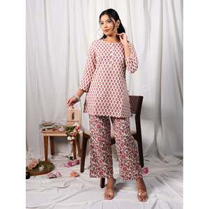 ชุดเซ็ตผ้าฝ้ายพิมพ์ลายบล็อกสีขาวสำหรับผู้หญิง  ใส่ได้ทุกวัน  แบบสองชิ้น  ไซส์ XXS XS XL  ดีไซน์สองชิ้น - Product Image 3