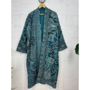 Handmade Merino <b>Wool</b> Kimono Robe Paisley Floral Green Dyed Jacket Warm Casual Winter Style - Product Image 6