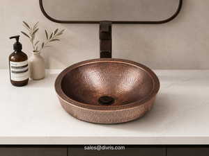 Évier de cuisine DIVRIS en cuivre martelé fait main, rond, à cuve unique, surface polie, installation sur comptoir, lavabo moderne - Product Image 4