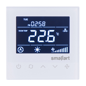 เทอร์โมสตัทแบบสัมผัส 3 ระดับความเร็ว 24V AC/DC รุ่น T3055 สีขาว รองรับ BACnet MS/TP สำหรับระบบ HVAC ของโรงแรมและโรงพยาบาล - Product Image 1