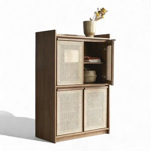 Armoire à vêtements en bois massif de qualité stable pour chambre à coucher armoire 4 portes canne pour maison hôtel villa cottage salon cuisine - Product Image 1