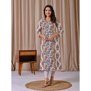 Kurti Blanco Multicolor con Estampado Jaal, Corte Recto, Estilo Étnico Indio, Material de Algodón y Seda, Bordado, para Fiestas, Estilo Bollywood - Product Image 4