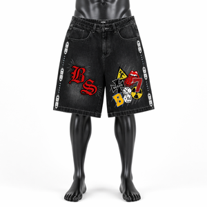 Pantalones Cortos de Mezclilla Gráficos Vintage Personalizados para Hombre, Estilo Holgado, Estampados, Largos hasta la Rodilla, Venta al por Mayor OEM - Product Image 1