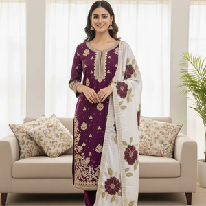 Kritva Fashion, Sharara fluide en faux georgette, orné de fils de soie chinon et de sequins, confectionné à la main, style ethnique d'excellence, pour l'hiver, avec quatre côtés - Product Image 1