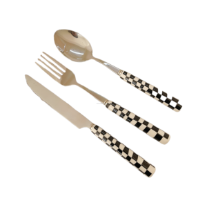 Ensemble de cuillère et fourchette à couteau en acier inoxydable multicolore de style rétro avec manche à carreaux - Product Image 1