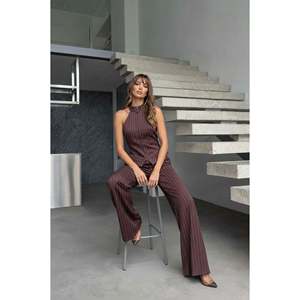 Ensemble deux pièces sans manches rayé pour femme Mybeefashion avec fermeture éclair - Tenue d'été décontractée marron - Product Image 2