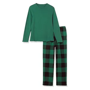 Vente en gros Ensembles de pyjamas en coton Vêtements de nuit deux pièces solides à manches longues Pyjama pour hommes Vêtements de nuit assortis