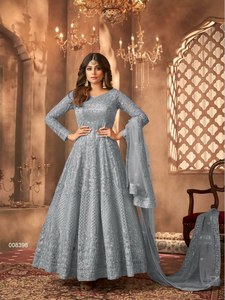 Bollywood stile ultimo nuovo Design pesante tessuto colore brillante scollo rotondo ricamo pavimento lungo abito Anarkali con Dupatta - Product Image 2