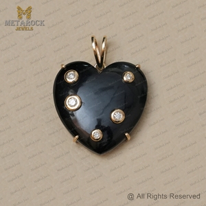 Pendentif en or jaune 14 carats en forme de cœur en onyx noir et diamant naturel, bijoux faits à la main, dos en argent 925 - Product Image 2