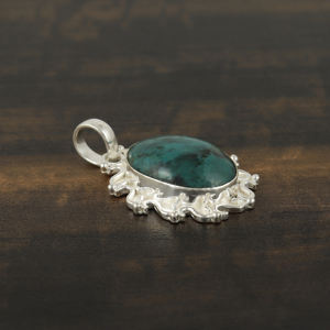 Green Turquoise Pendant, Vintage Oval Statement Charm, <b>Silver</b> Floral Frame Jewelry Making Supply <b>Necklace</b> Gift - Product Image 2