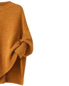 Customized Mustard Brown <b>Womens</b> <b>Oversized</b> Poncho Sweater Ribbed Crew Neck Batwing Sleeve Soft Knit Winter Pullover Fashion Top - Product Image 2
