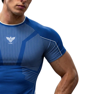 T-shirt de compression bleu pour homme, manches courtes, coupe ajustée, pour entraînement sportif, course à pied, gym, performance, séchage rapide, vêtements de sport - Product Image 3