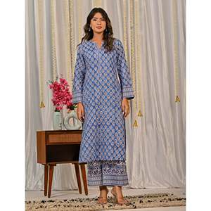 Blue <b>Block</b> <b>Printed</b> Anarkali Kurta Pant Set Indian Ethnic Style Cotton Net Fabric Embroidery Party Wear for Special Occasions - Product Image 5