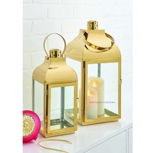 Juego de 2 Faroles Cuadrados de Metal/Vidrio, Ecológicos, Modernos, de Lujo, con Acabado Dorado Brillante, para Decoración de Mesa en Bodas, Hogar y Pascua - Product Image 1