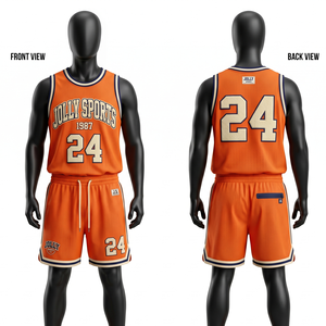 Mens basketball jersey and shorts <b>set</b> 160 GSM breathable mesh orange navy panel design tackle twill logo short <b>set</b> for men's - Product Image 1