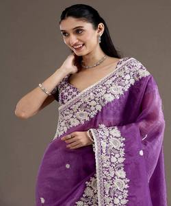 RICH LOOK GOLD EMBROIDERY AND SEQUENCE WORK SAREE WITH UNSTITCHED BLOUSE PARTY WEAR WHOLESALE PRICE ETHNIC GARMENT <b>PURPLE</b> - Product Image 4