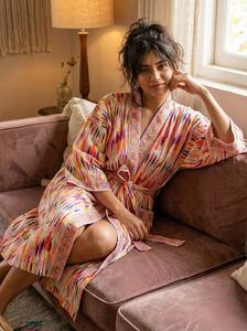 ชุดคลุมกิโมโนผ้าฝ้ายพิมพ์ลายบล็อกสีสันสดใสสำหรับผู้หญิง ชุดคลุมอินเดีย น้ำหนักเบา ชุดคลุมอาบน้ำ - Product Image 3