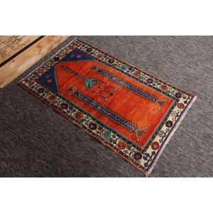 Alfombra Turca Vintage de 2.4x3.9 pies (73x118 cm), Alfombra Geométrica Herki Naranja y Azul - Product Image 4