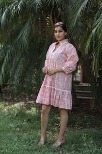 Indian hand block cotton short dress <b>woman</b> stylish floral printed dress personalized bride wedding gift summerwear dress on sale - Product Image 3