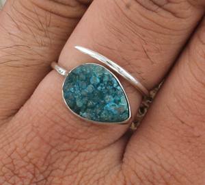Anillo de Plata de Ley 925 hecho a mano con piedras preciosas Druzy, diseño de lágrima ajustable, joyería clásica de moda para mujeres para bodas - Product Image 3