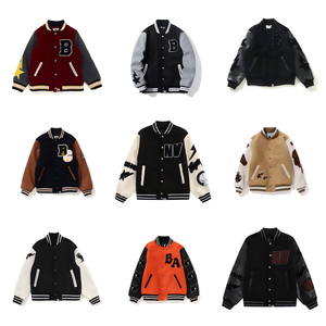 Custom Vintage Letter Printed Baseball Jacket Sleeve Flocked Letter Embroidered <b>Wool</b> Men's Varsity Jacket 2025 - Product Image 2