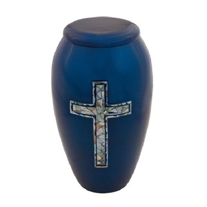 โกศสำหรับงานศพของผู้ใหญ่ทำจากทองเหลืองพร้อมรูปกางเขนและโกศโลหะสำเร็จรูปสีฟ้าสำหรับขี้เถ้าของมนุษย์ - Product Image 1
