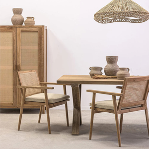 Silla de Comedor Moderna de Ratán y Madera de Teca con Reposabrazos Rectos y Asiento Acolchado para Restaurante, Hotel, Apartamento - Product Image 1