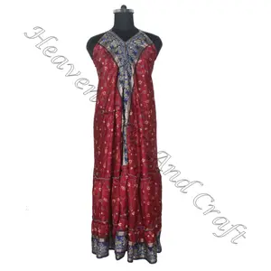 Antique Printed Women's Wear Sari Silk Umbrella Dress Ladies Elegant Dinner Gown Sleeveless Evening Gowns Womens Dress